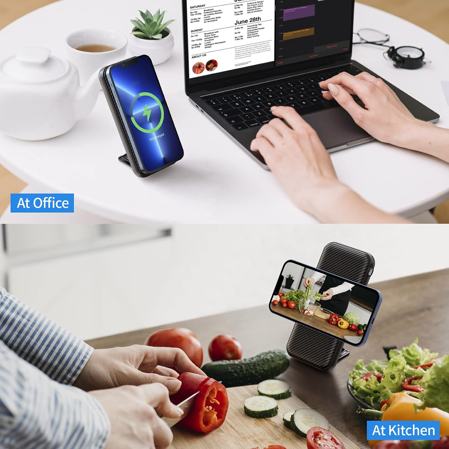 iWALK UBP20000M Power Bank with kickstand extended, holding an iPhone vertically