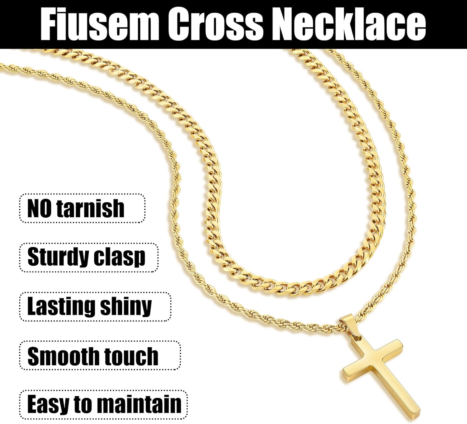 Fiusem Valentines Gifts for Him - 2 Pcs Cross Necklace Chain for Men and Women, Layered Mens Cross Necklaces Stainless Steel Pendant Cuban Link Rope Chain 16-26 Inch, Jewelry Gift - Image 5