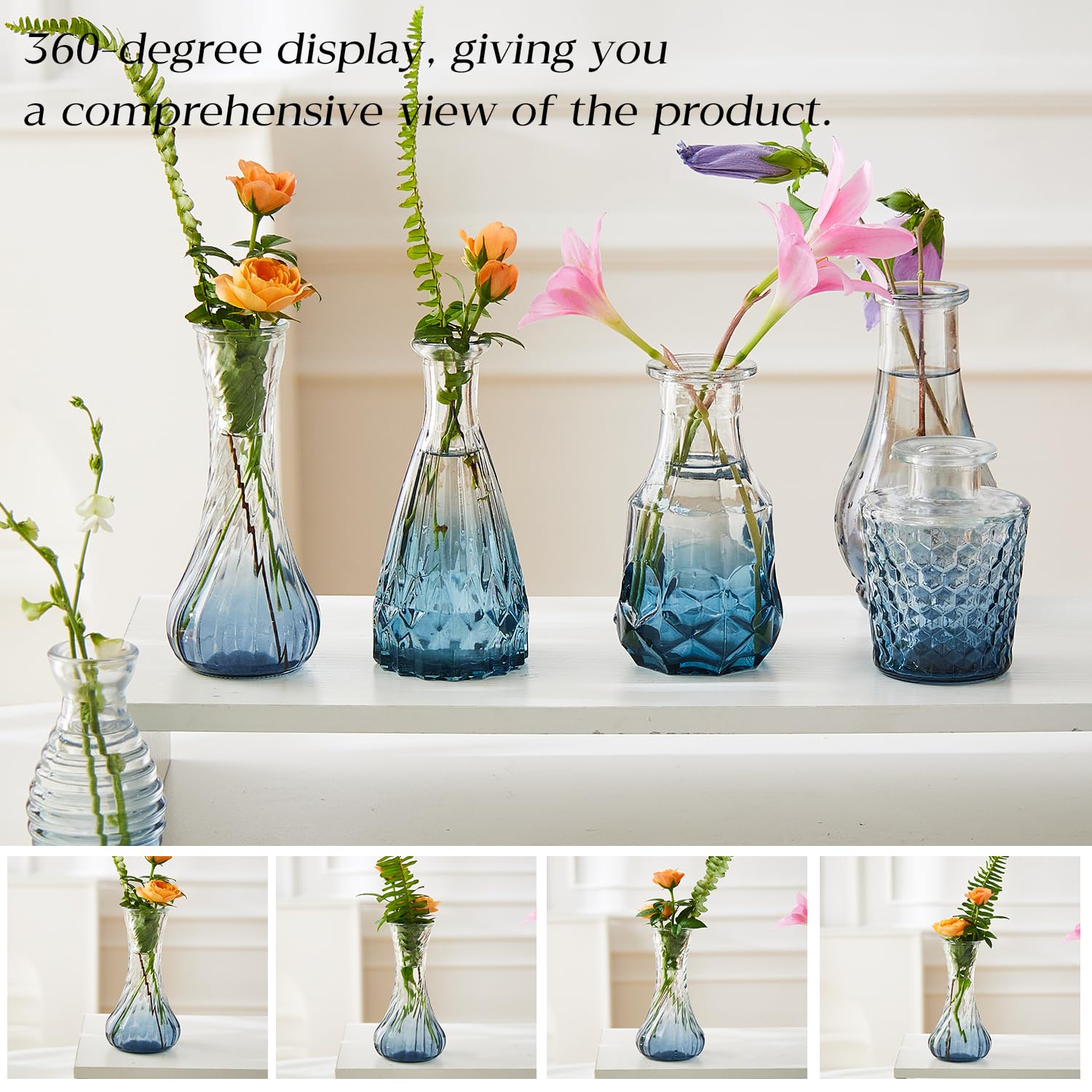 Juego de 60 jarrones de cristal para flores a granel, jarrones de cristal vintage surtidos para flores, centros de mesa (azul, 60 piezas)