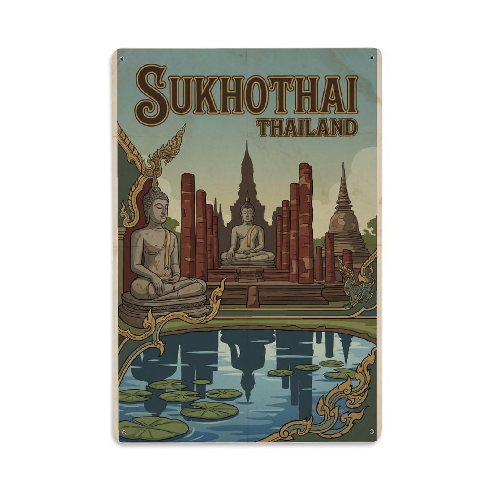 Thailand Sukhothai Travel Vintage Metal Tin Sign Plaque Wall Decor for Cafe, Club Bar, Office, Garden Metal Poster 8x12Inch