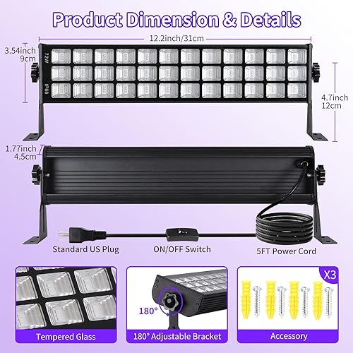 Miniatura 6 de Barra de luz negra de 72 W IP66 impermeable, luz negra LED con enchufe+interruptor+cable de 5 pies, luces negras al aire libre con 108 LED, para