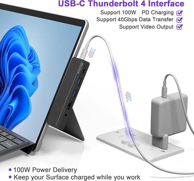 Rytaki Surface Pro 8/9/10/11/X Dokkoló Állomás - 4K HDMI, 100W USB-C Thunderbolt 4, Tripla Kijelző Támogatás, SD/TF Kártyaolvasó, Audió Port
