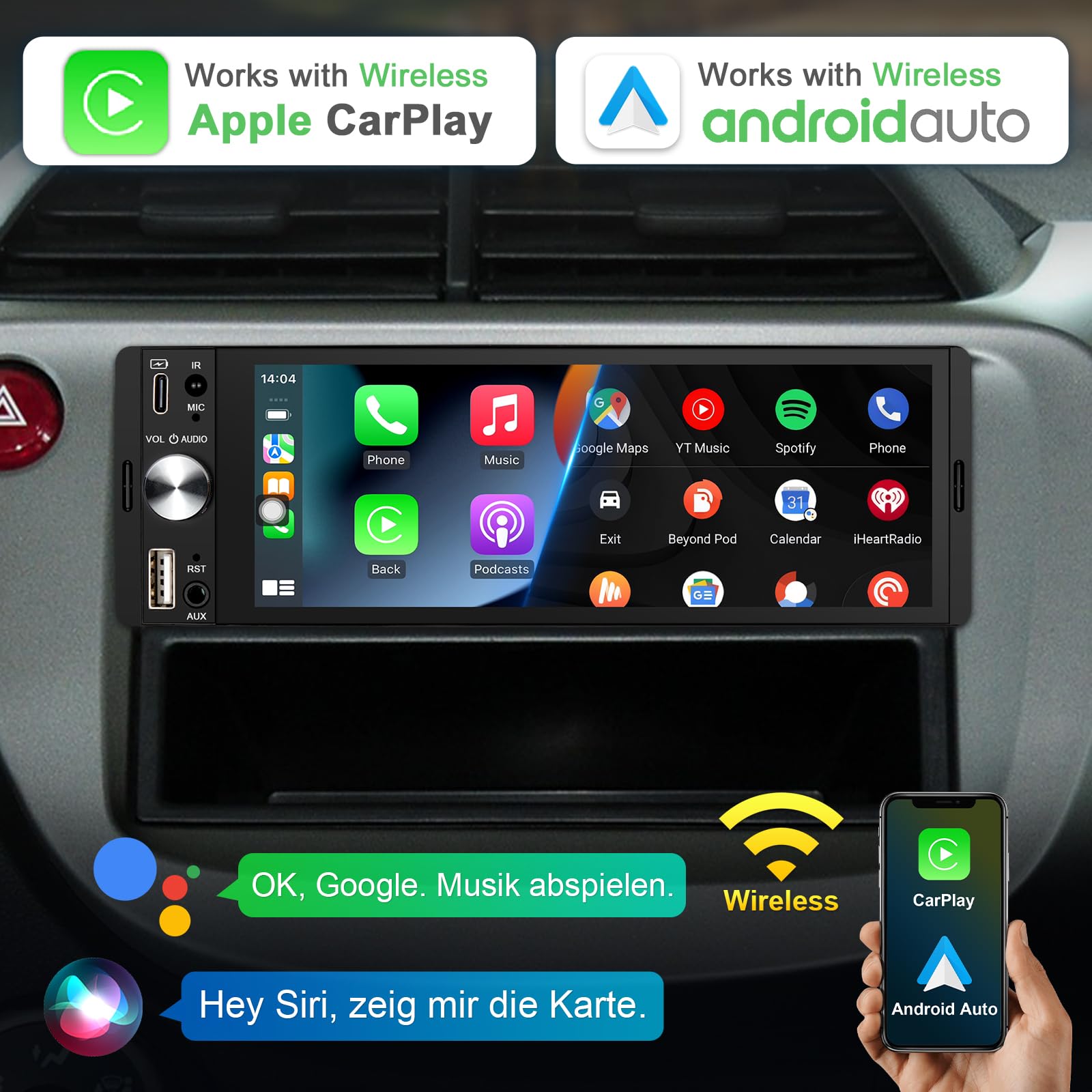 LEROAADZ 1 Din Autoradio mit Bildschirm Kompatibel mit Wireless CarPlay & Android Auto, 6,28 Zoll 1Din Car Radio with Carplay Display, Bluetooth, AM/FM RDS, USB/Typ-C, Aux-Eingang, Mirror Link