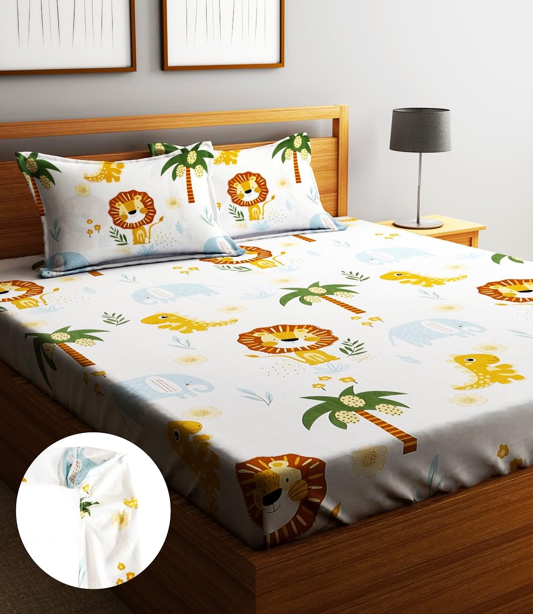 Home Sizzler 144TC Kid's Lion's Haven Elastic Fitted Double Bedsheet (72X78 Inch) with 2 King Size Pillow Covers-image-29