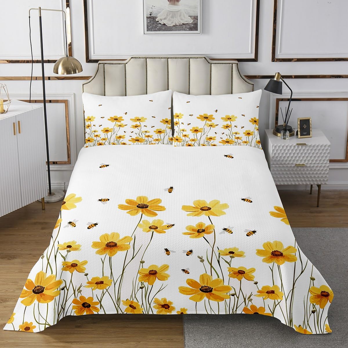 Erosebridal Honeybee Coverlet Set King Size Sunflower Bedspread for Children Cute Natural Cartoon Botanical Spring Yellow Florals Wildlife Farmhouse Plants Quilted