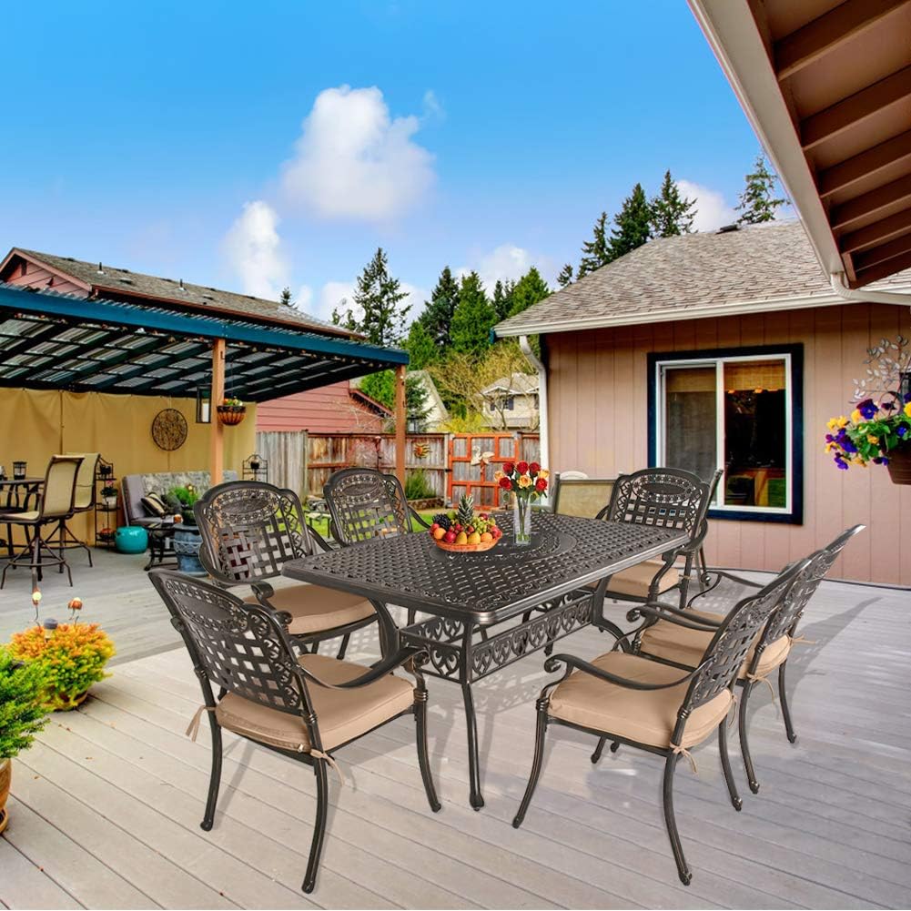 TITIMO 7-Piece Outdoor Furniture Dining Set, All-Weather Cast Aluminum Conversation Set Includes 1 Rectangular Table and 6 Chairs with Khaki Cushions and Umbrella Hole for Patio Garden Deck : Patio, Lawn & Garden