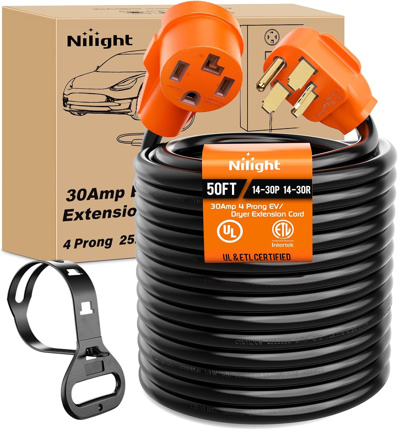 Nilight 50FT EV Dryer Extension Cord 4 Prong 30 Amp NEMA 1430P 1430R