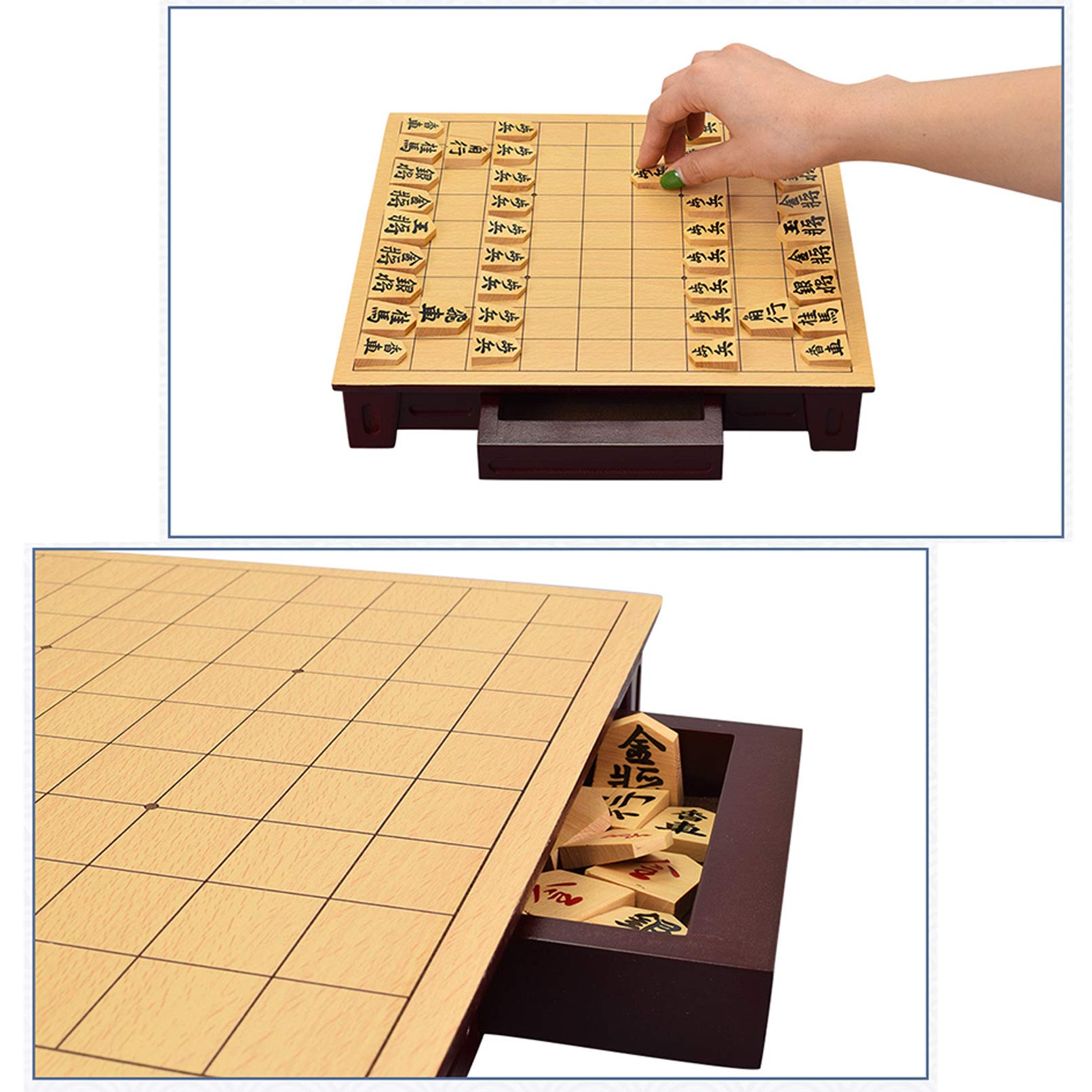 Cutfouwe Gioco da Tavolo Shogi, Set di Giochi di Scacchi Giapponese Shogi, Tavola di Legno con Cassetti E Koma Tradizionali Giocano A Pezzi,Basswood,27x25x5cm