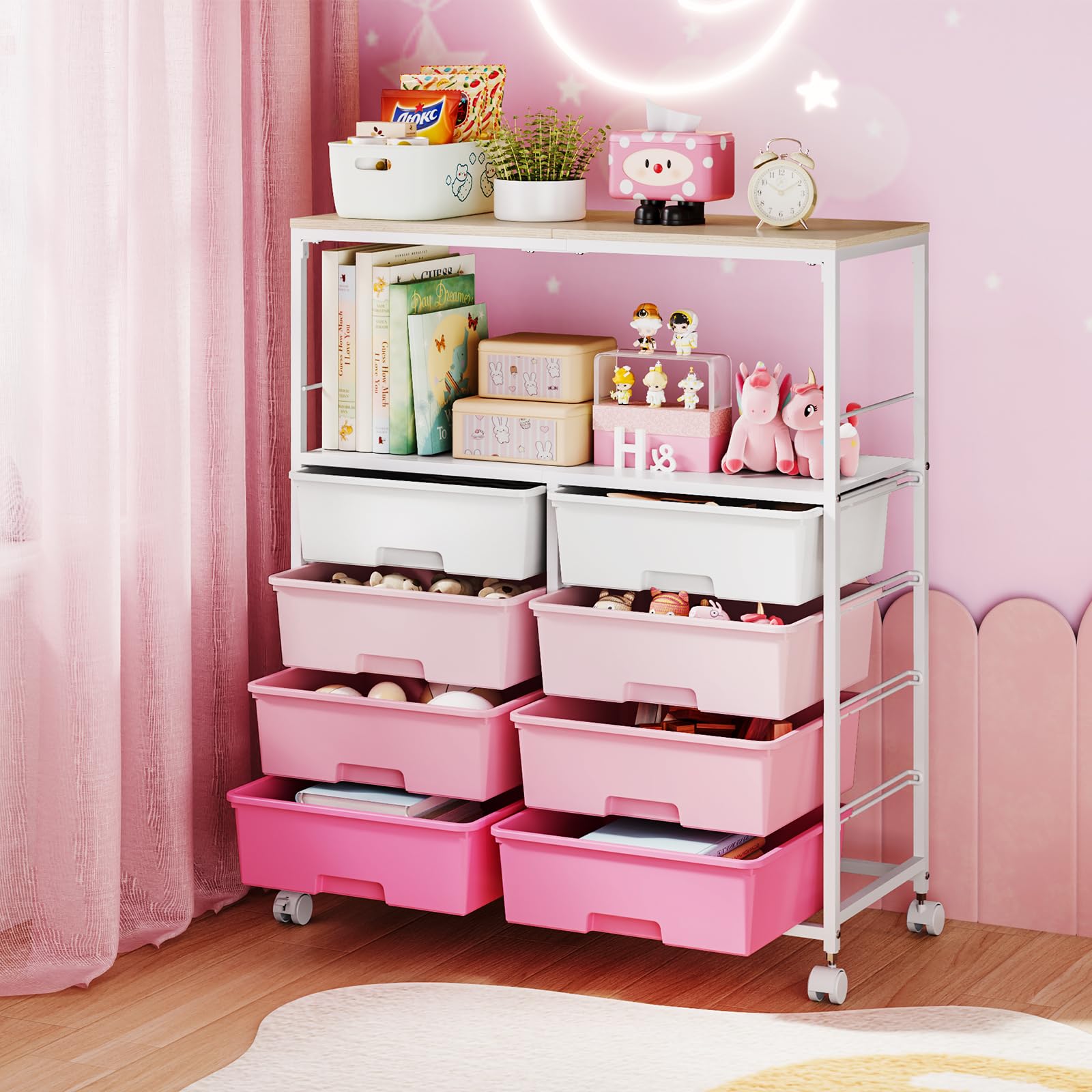 KINGRACK Rollwagen mit 8 Schubladen und Rollen, mit Offenen Regalen und Feststellbaren Rädern – Ideal für Büros, Bastelräume oder Klassenzimmer (Rosa)