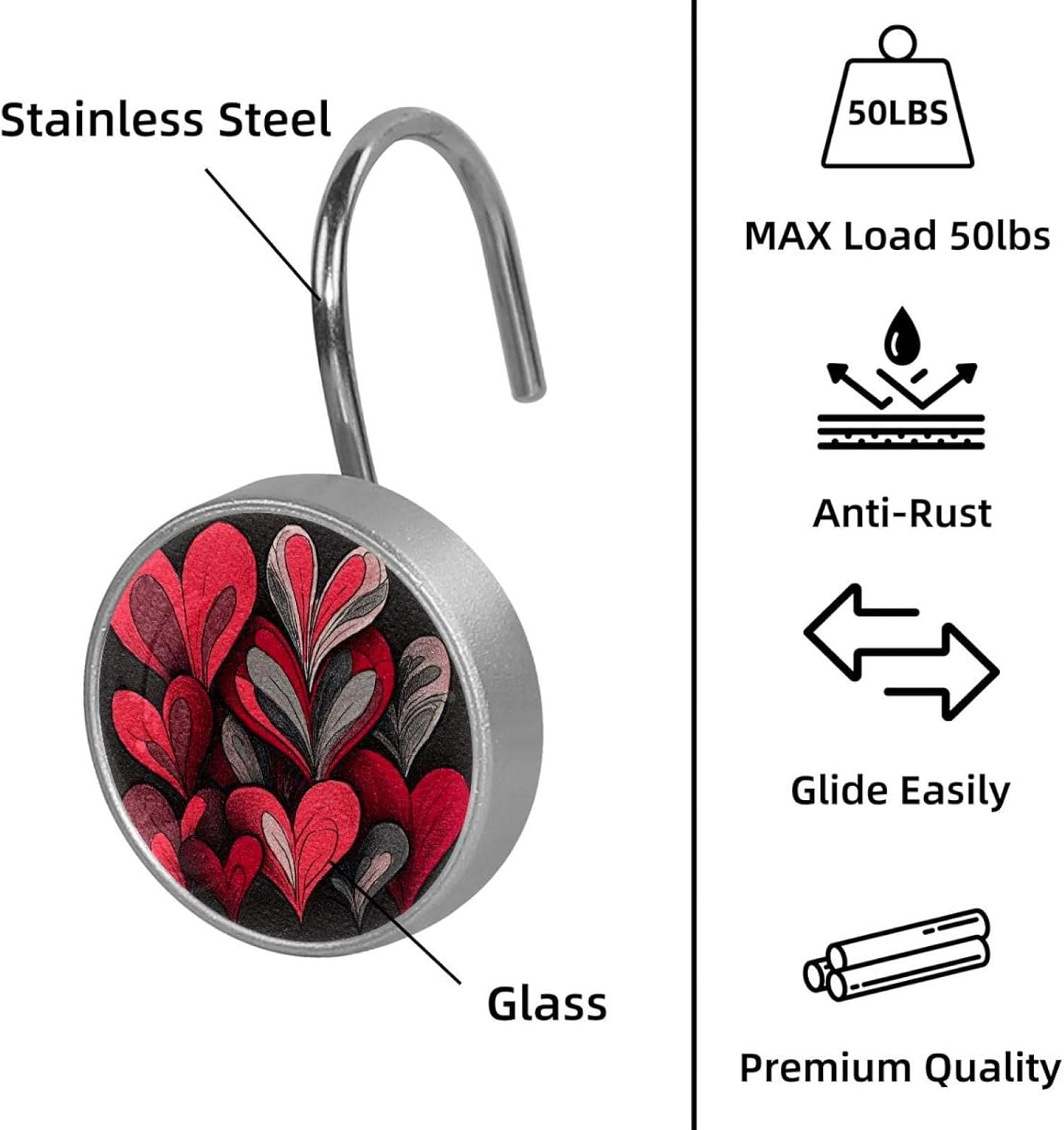 Hearts (1) Rolling Shower Curtain Hooks,Clear Crystal Glass Art Decorative Stainless Bath Bathroom Set 12 Pcs