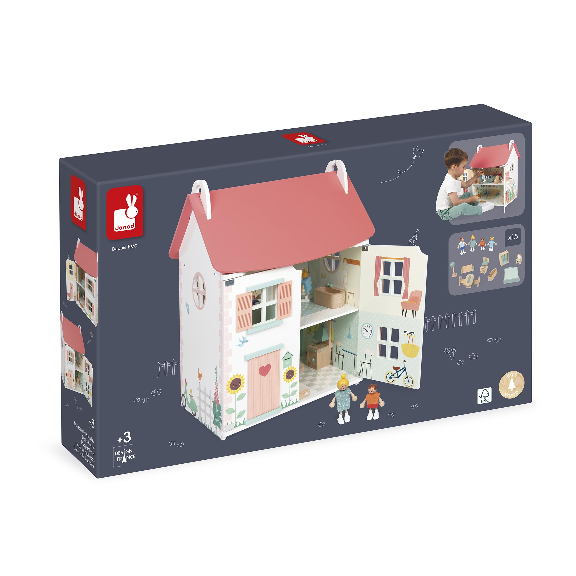 Janod - La mia Prima casa delle Bambole in Legno - 10 Accessori - Mobili per Bambole - Porte magnetiche e Tetto Rimovibile - Giocattolo in Legno FSC - dai 3 Anni