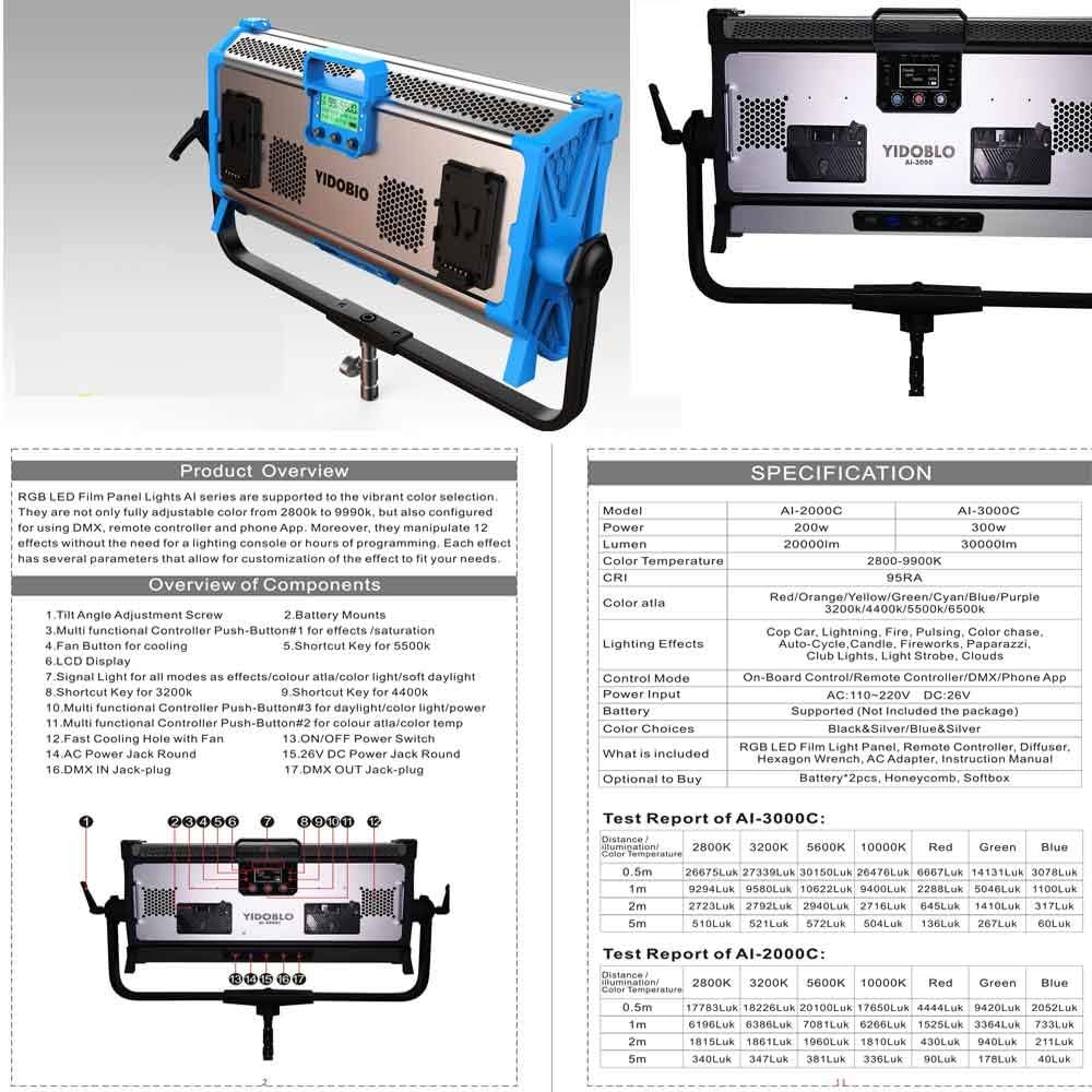 40% оƒƒ Dіѕсоunt Yidoblo AI-3000C 300W RGBW LED Panel Lamp APP Control Soft LED Lamp 12 Photography Lighting Effects Set for Studio Video Film (300W Panel Light Black)