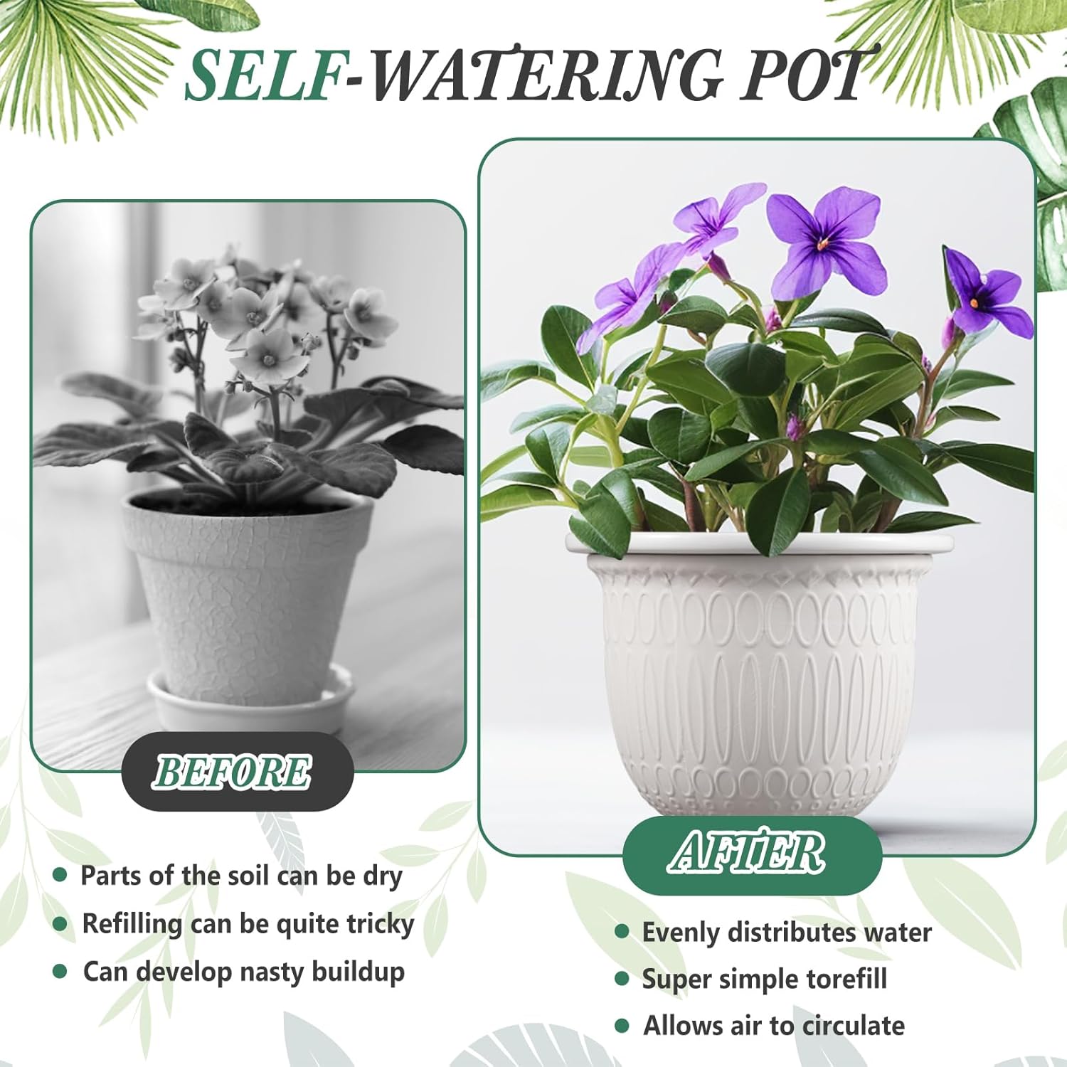 1 Set African Violet Pots Self Watering, 7 Inch White Ceramic Dolomite Clay, Easy Effortless Planter Pot for Indoor Plants Herbs Flowers Orchids Succulent, Ideal Gifts, Plant Not Included