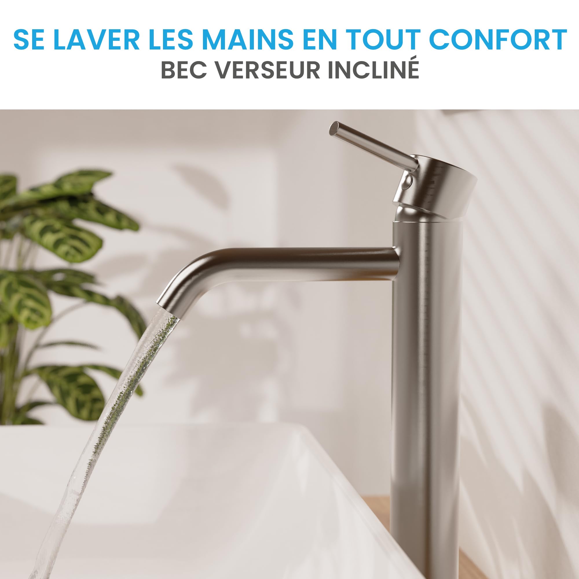 Bächlein Susara Grifo alto de baño con caño curvo de diseño extra alto, grifo monomando para lavabos de encimera con cartucho de cerámica resistente y juego de montaje, grifo de