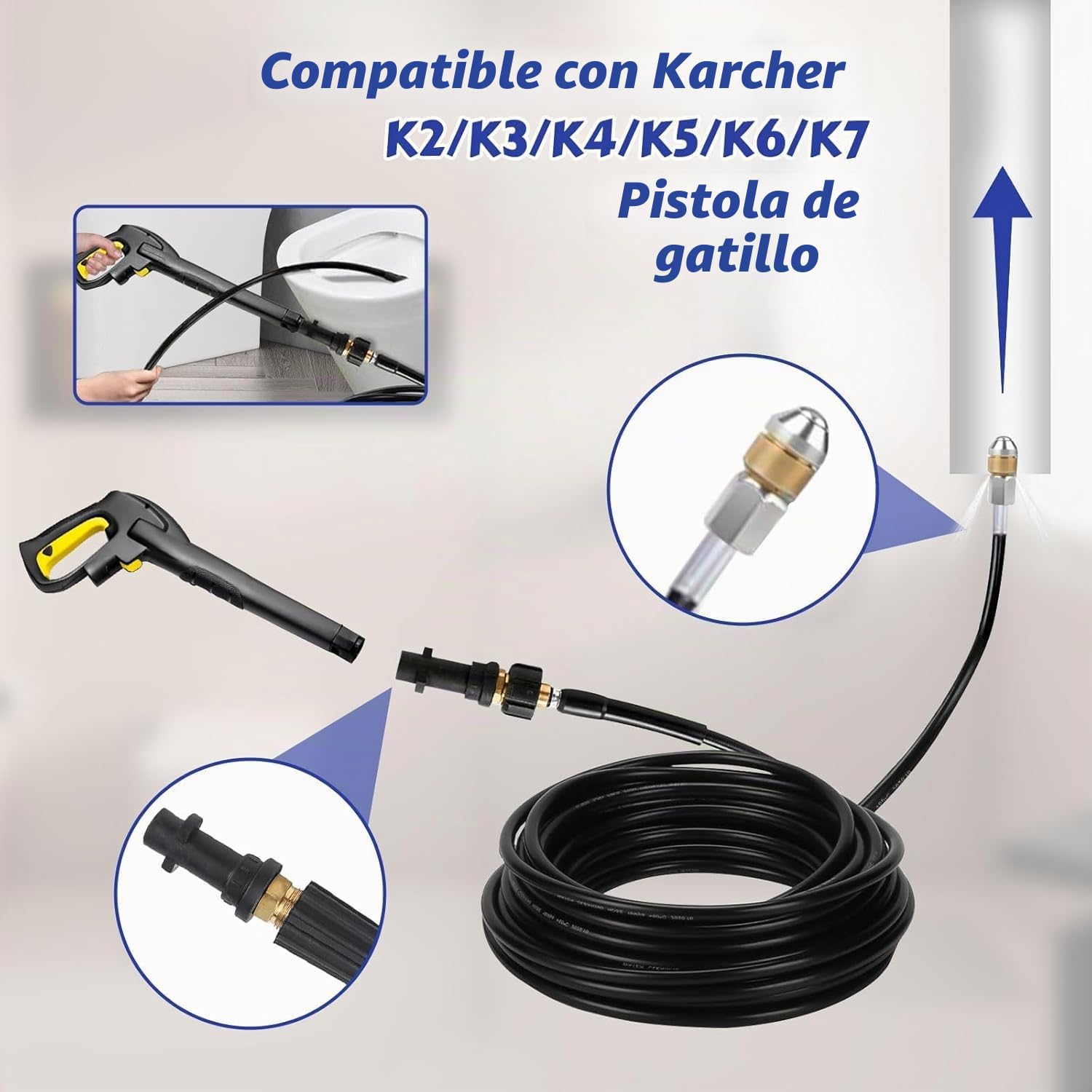 Manguera limpiatuberías 15 m, compatible con Kärcher K2 K3 K4 K5 K6 K7, manguera desatascadora para hidrolimpiadora hasta 400 bar, conexión M22, adaptador, boquillas y cinta PTFE, 60 °C