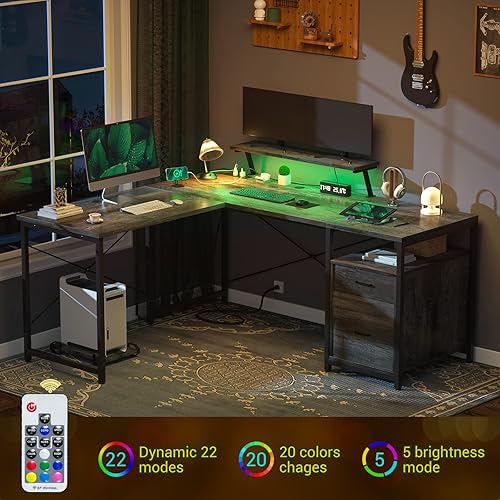 Miniatura 4 de Unikito Escritorio en forma de L con cajón de archivos y toma de corriente, escritorio de esquina reversible en forma de L con estante para monitor,