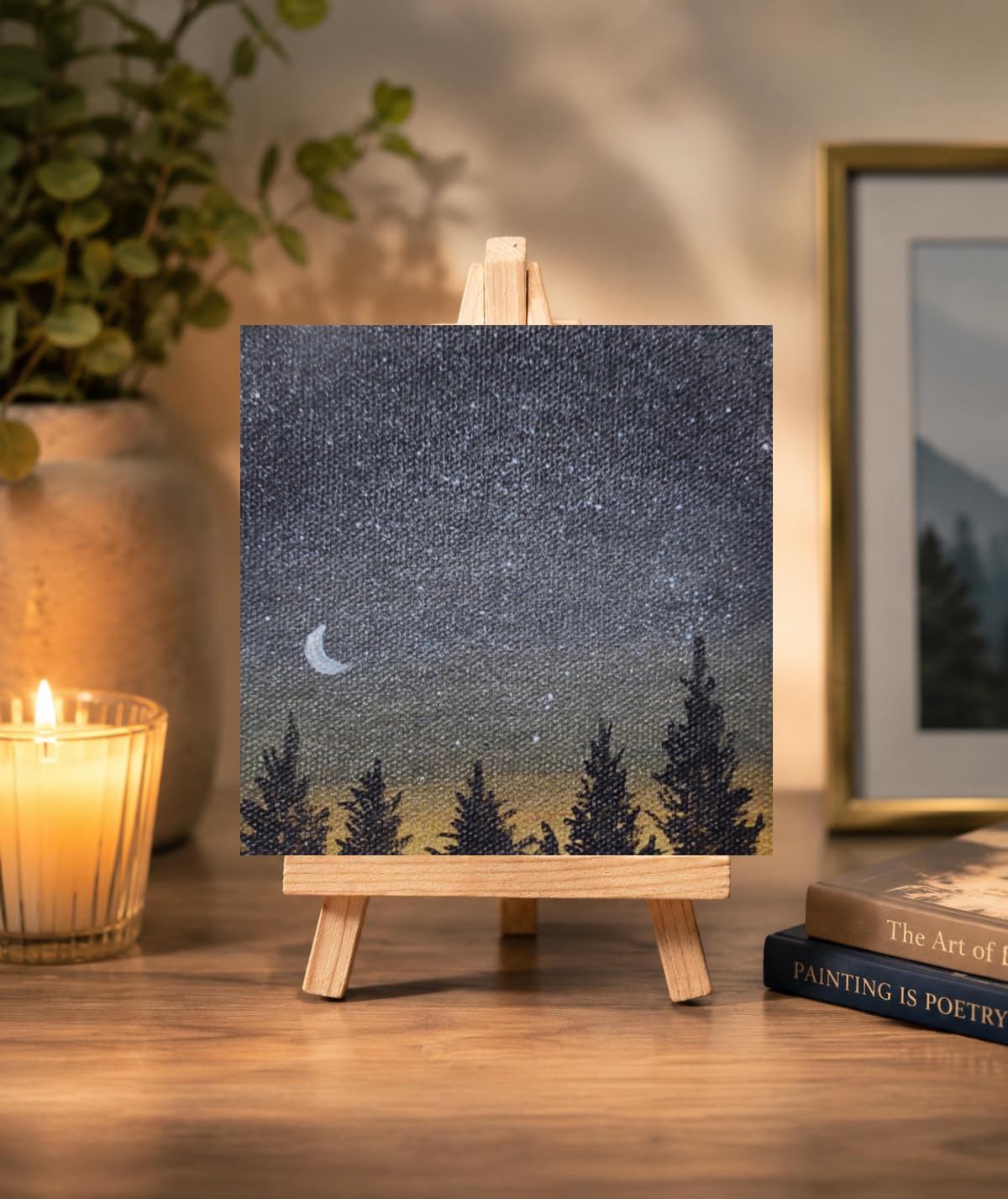 Mini Acrylic Night Sky Painting with Wooden Easel Stand, 4x4 inch, home decor | Night sky and moon,Canvas Art,, Tabletop Display, Handcrafted, Home Decor-picture-32