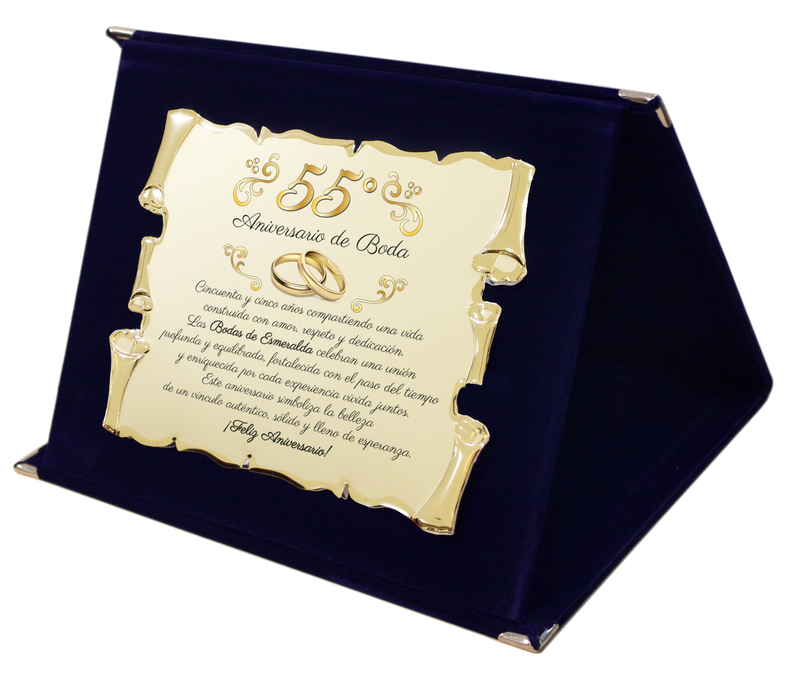 Placa Bodas de Esmeralda – 55° Aniversario de Boda | Placa Conmemorativa para Bodas de Esmeralda en Aluminio Dorado | Regalo Elegante para 55 Años de Matrimonio con Estuche de Lujo