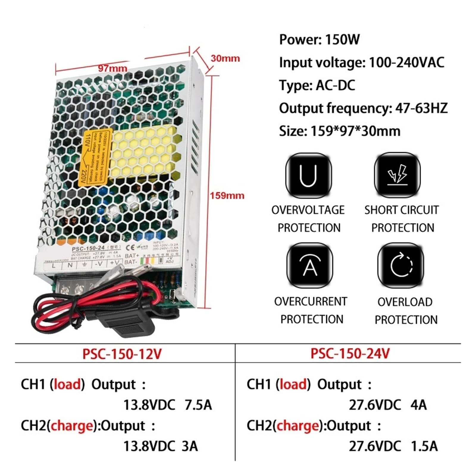 Trasformatore LED Alimentatore switching for caricabatterie UPS da 150 W, 12 V, 24 V CA, CC, 13,8 V, 7,5 A, 27,6 V, 4 A, 110 V, 220 V, SMPS, caricabatterie PSC-150-24 150-12 , Facile da installare