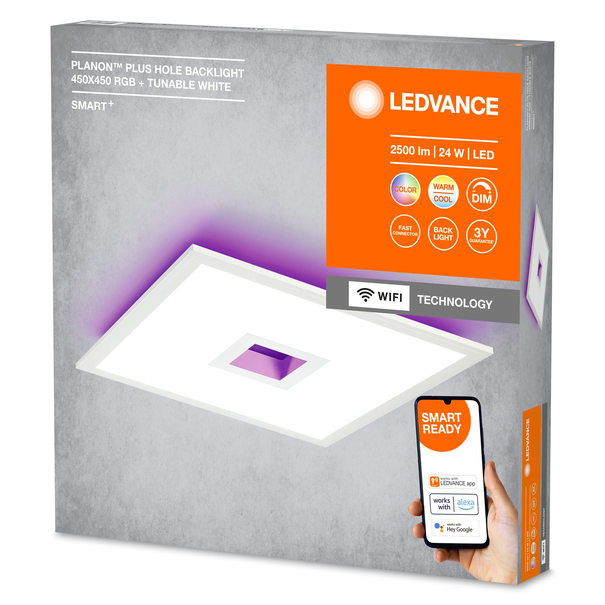 LEDVANCE SMART+ PLANON Hole pannello LED WiFi con foro, bianco, 24W, 2500lm, luce bianca regolabile 2700-6500K + retroilluminazione RGB, DIM, controllo da app, compatibile con Amazon, Google, ecc.