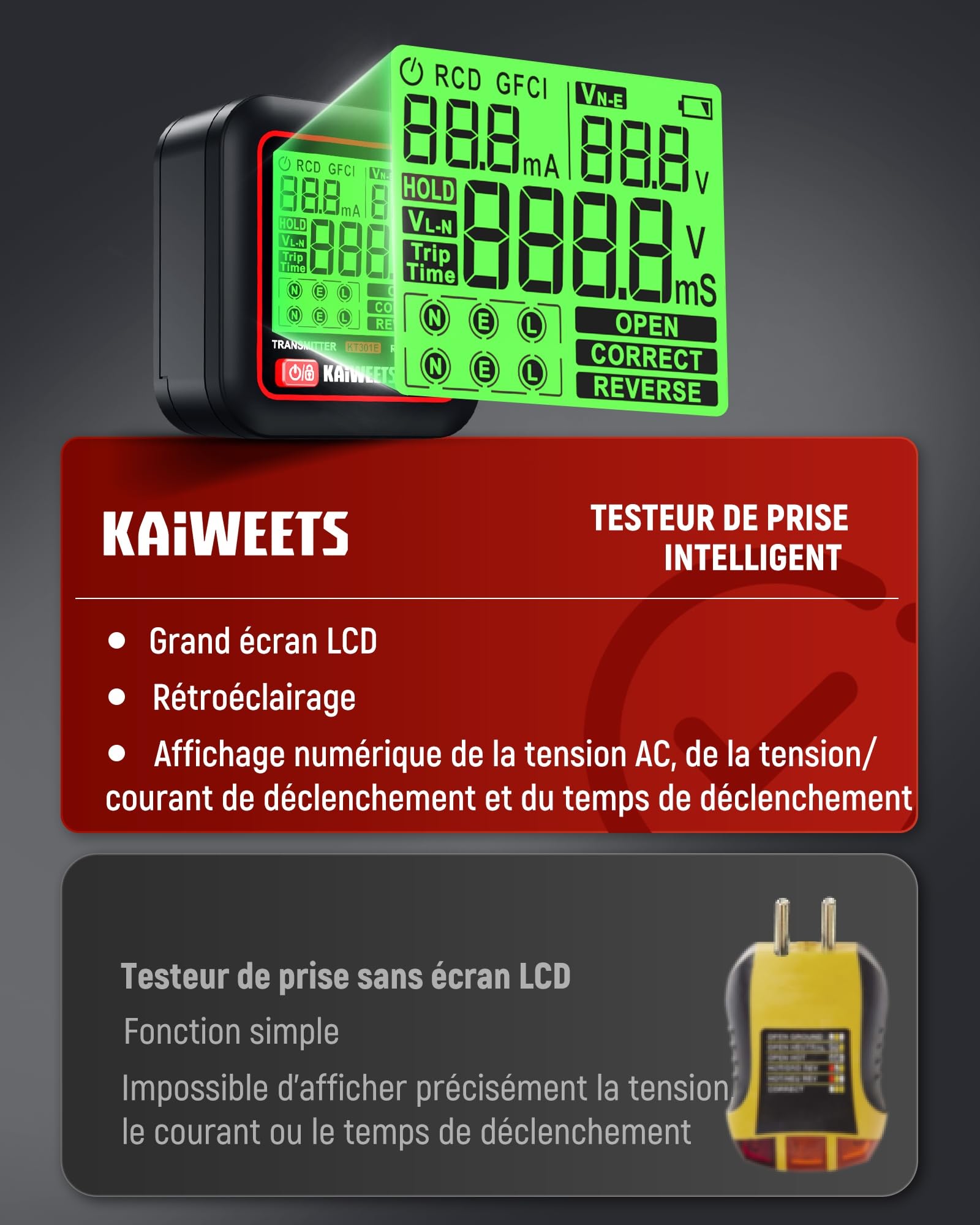 KAIWEETS Détecteur de Disjoncteur avec Écran LCD, Testeur de Prise avec Test RCD et Contrôle du Câblage, Détecteur de Circuit Électrique NCV avec Lampe LED, pour Maison et Électriciens