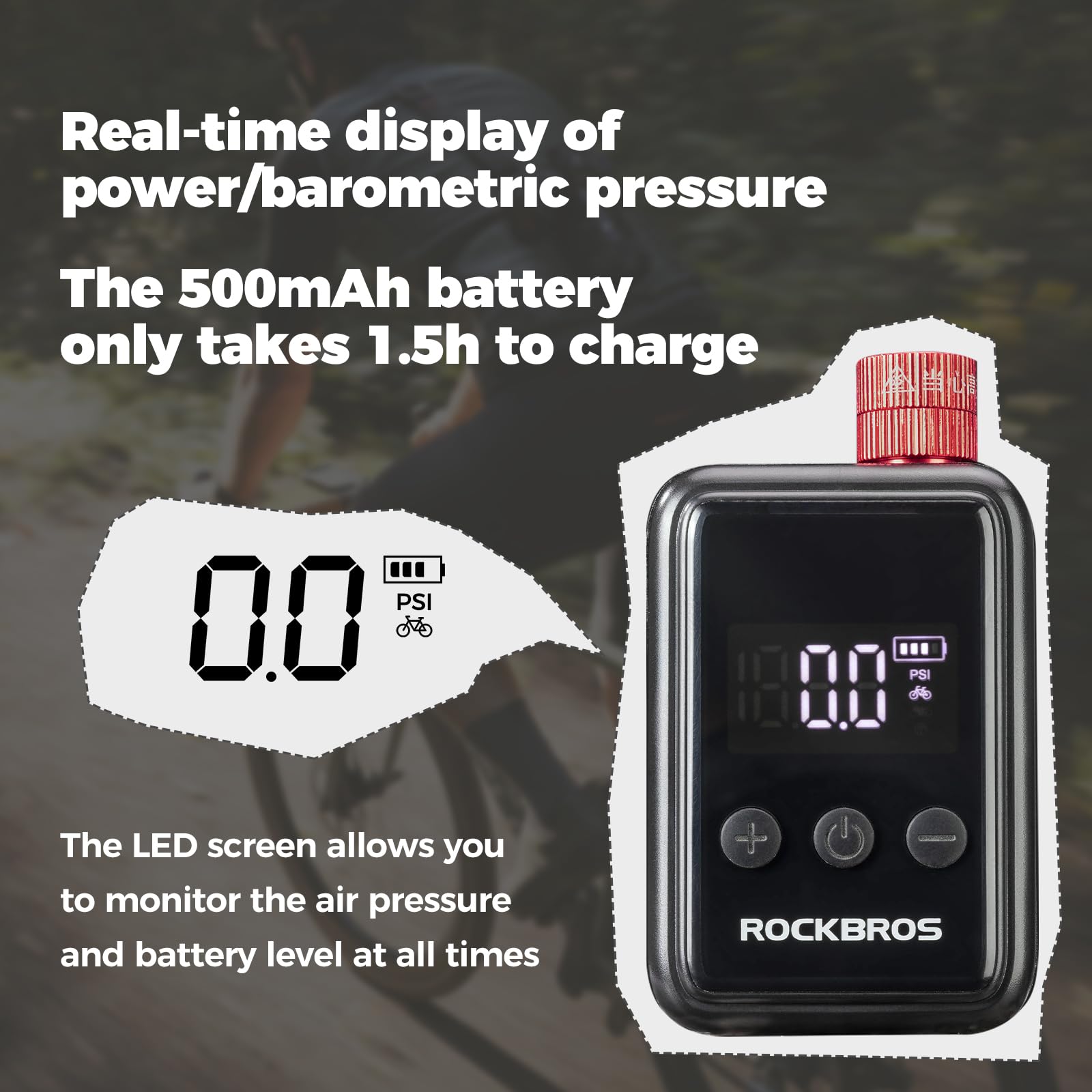 ROCKBROS Rowerowa Elektryczna Pompka Powietrza 150PSI, Bezprzewodowa Mini Przenośna Pompka do Piłek Rowerowych, Ładowana Przez Type-C, ze Wskaźnikiem LED Zawory Shrader i Presta