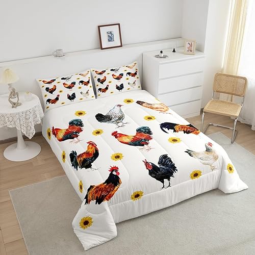 Miniatura 3 de Erosebridal Juego de edredón de pollos tamaño Queen, ropa de cama de girasol para niños y niñas, juegos de edredón de animales de granja rústica,