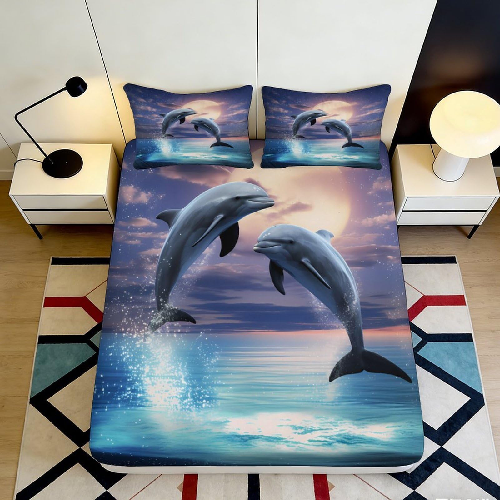 3D Printed Dolphin Sunset Fitted Sheet Microfiber Soft Anti-Slip Ocean Wave Mattress Cover for Bedroom Decor 120x200x25cm