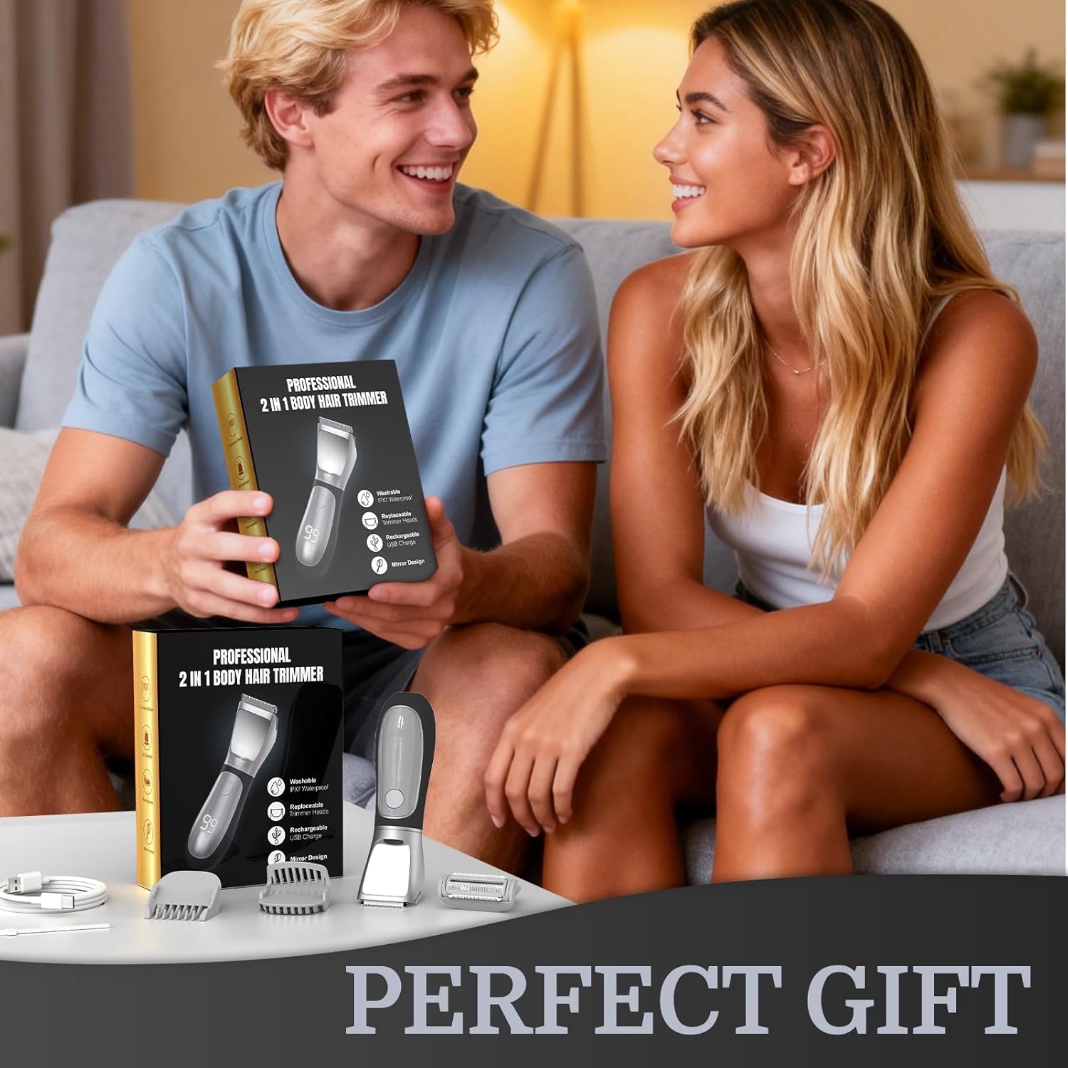 Bikini Trimmer for Women Men, 2 in 1 Electric Razors Shaver, IPX7 Waterproof Body Hair Trimmer with Mirror, LED Light & Display, Painless Pubic Hair Removal, Silver