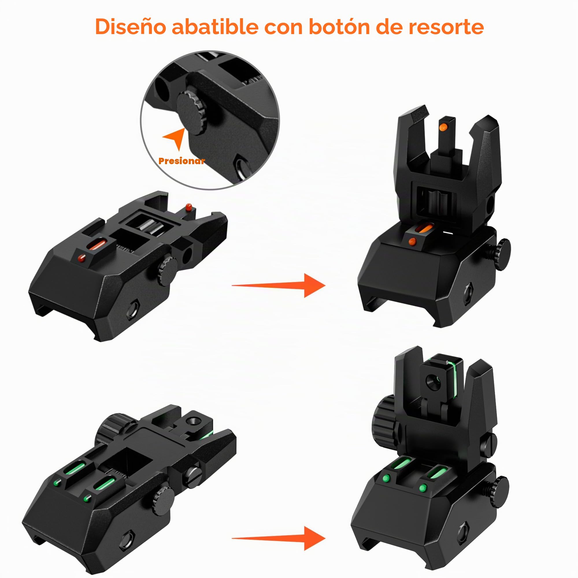 Miras de fibra óptica abatibles delanteras y traseras de nailon rojo verde ajustable sin herramientas