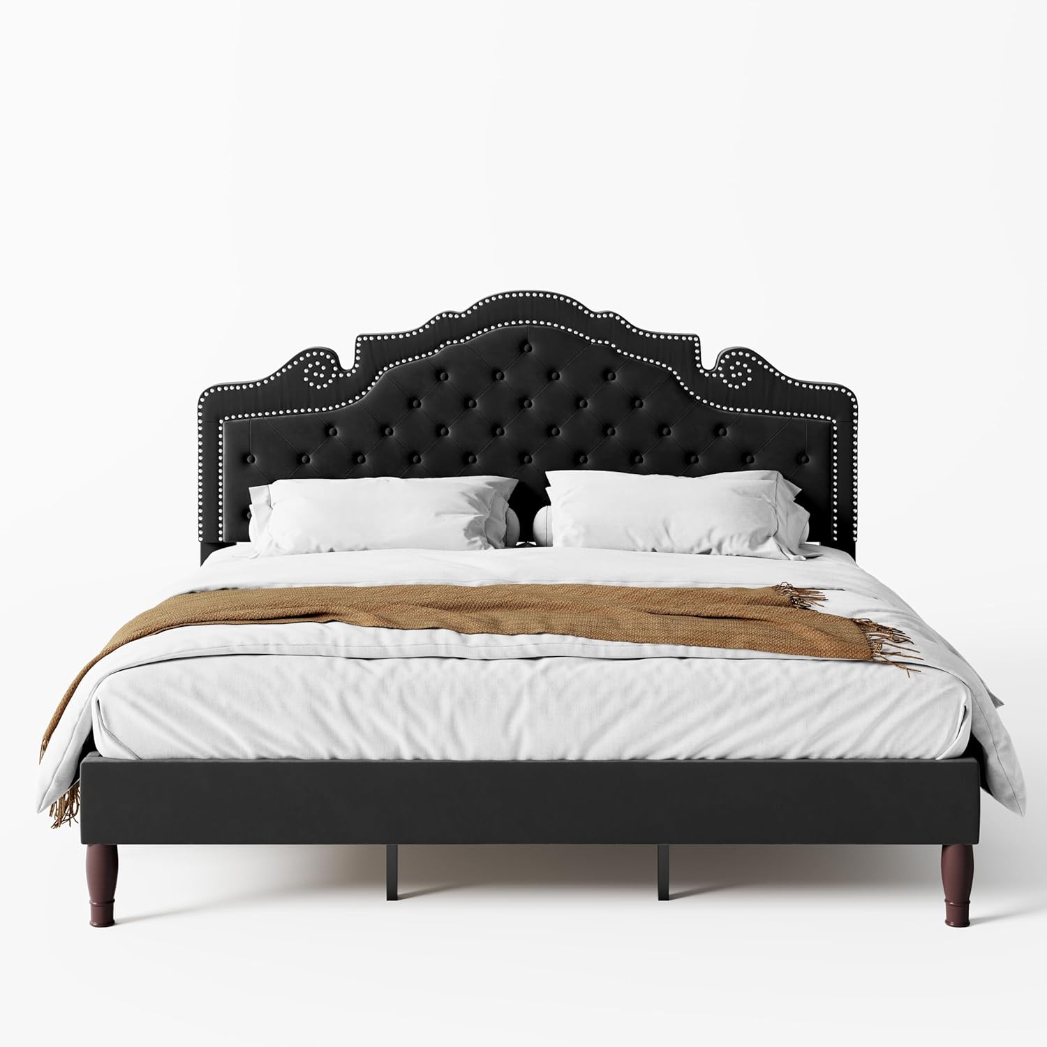 WEEWAY King Size Platform Bed Frame with Velvet Adjustable Tiara Curved Headboard and High Resilience, Upholstered Diamond Button Tufted with Wood Slats/No Box Spring Needed/Black