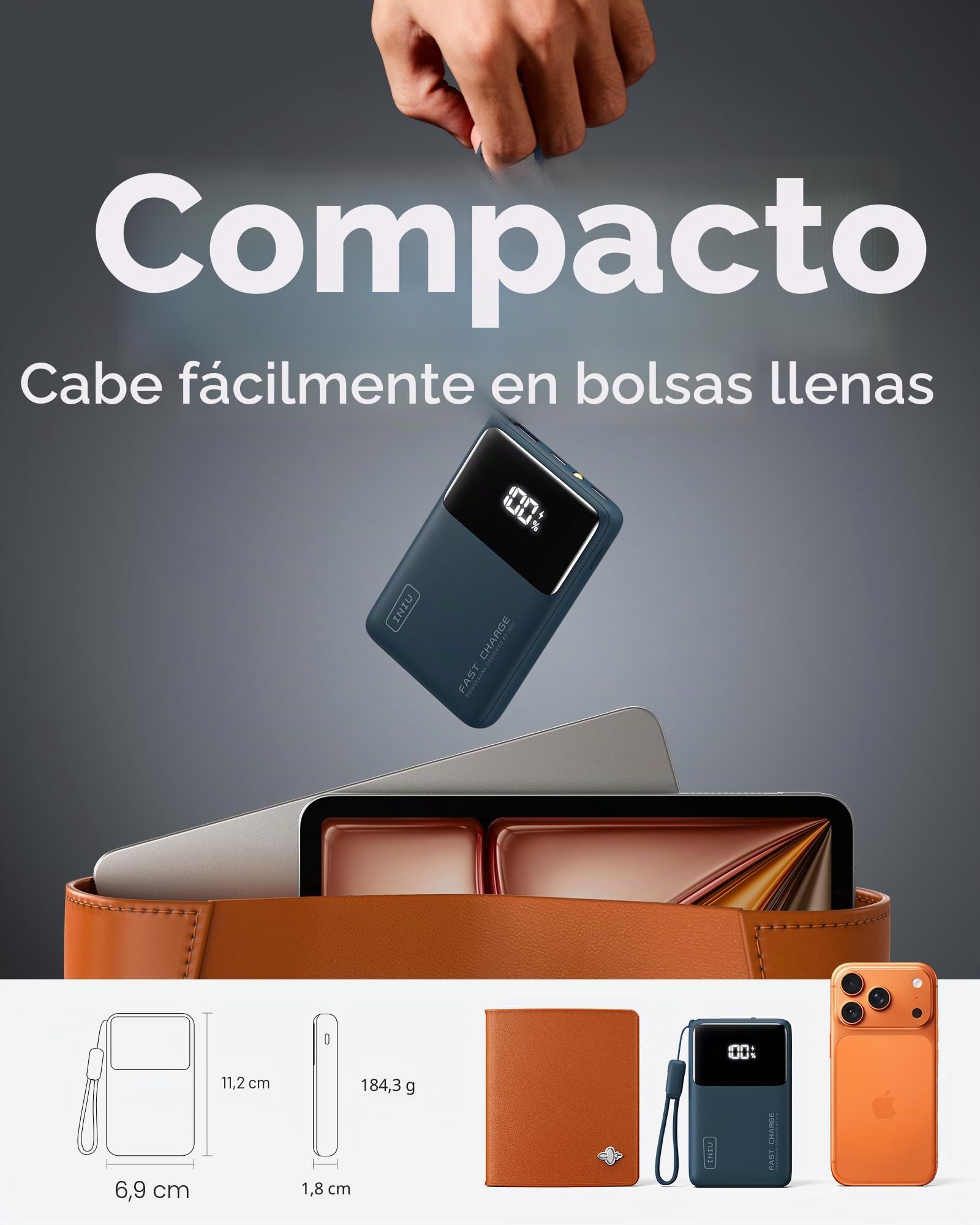 INIU Power Bank, Slim 22,5W 10000mAh Bateria Externa Carga Rapida, USB C Input & Output Cargadores Moviles con Linterna para iPhone Samsung, Viagem Essentials Apto para Hombres y Mujeres, BLU