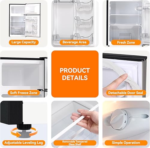 Miniatura 4 de Frestec Mini refrigerador con congelador de 3.2 pies cúbicos, refrigerador de 2 puertas y congelador, refrigerador pequeño para dormitorio, oficina