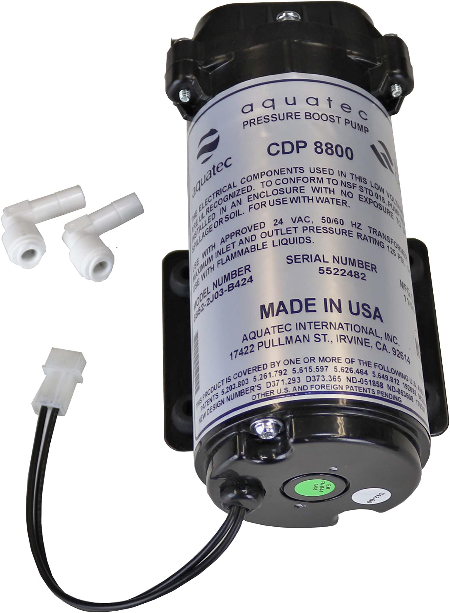 8800 series 8852 water pressure boost pump (pump only), 2.6LPM 24VAC for aeroponics or 100GPD to 200GPD RO systems
