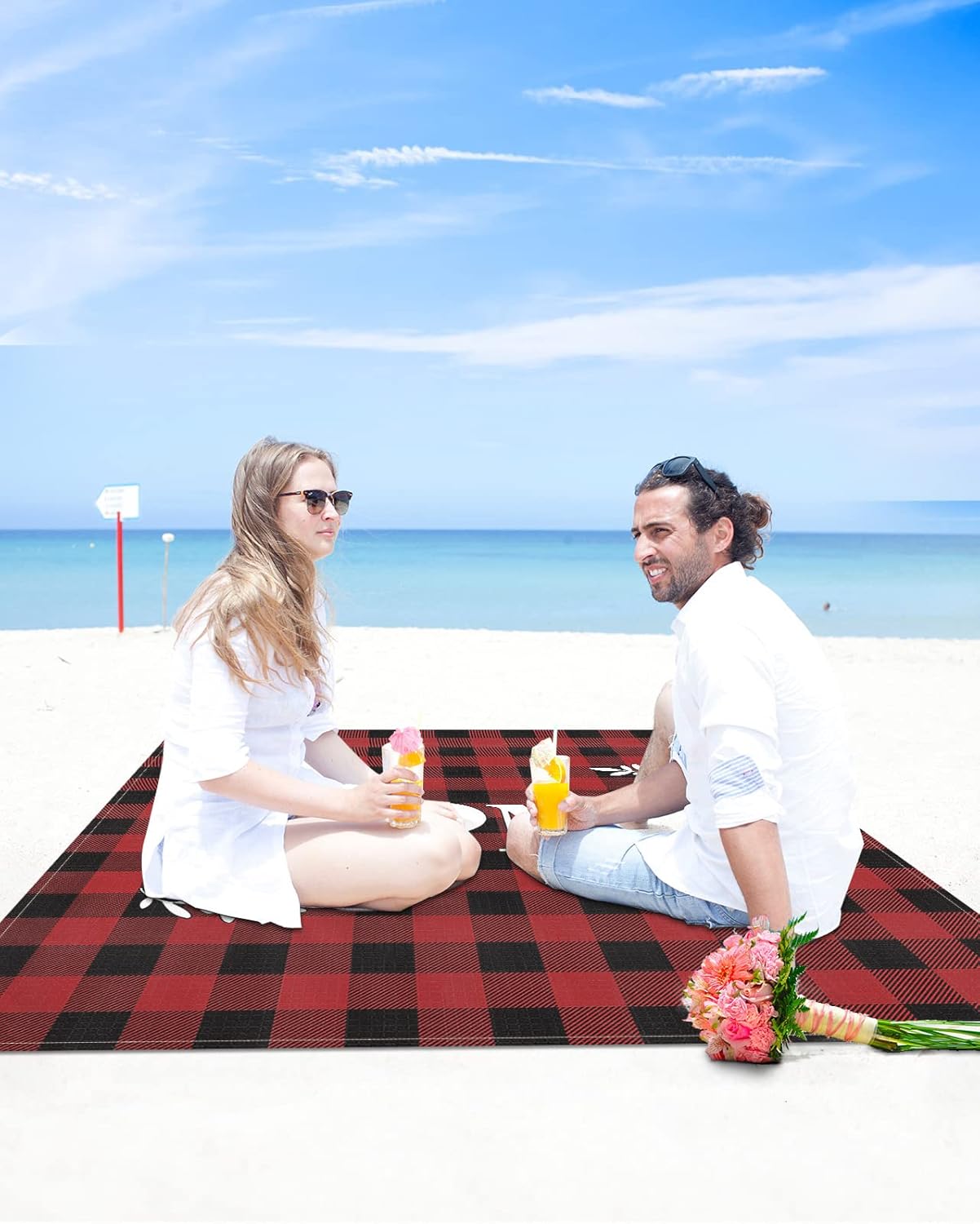 Romantic Love Hearts Home Beach Blanket Waterproof Sandproof Outdoor Picnic Mat 95"x80" Buffalo Check Lightweight Large Beaach Blankets with 4 Stake & 4 Corner Pockets