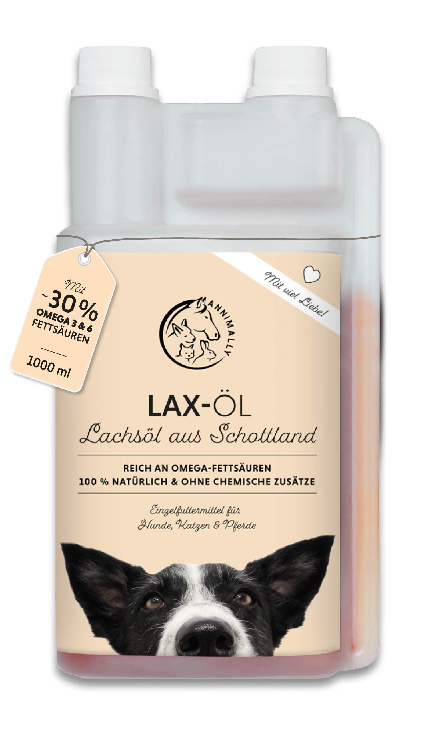 Annimally Lachsöl für Hunde 1 Liter reich an Omega 3 & 6 Fettsäuren (mehr als 32%) - Barf Fischöl aus schottischem Lachs für Hund, Katze und Pferd geeignet I Reines Naturprodukt aus Deutschland