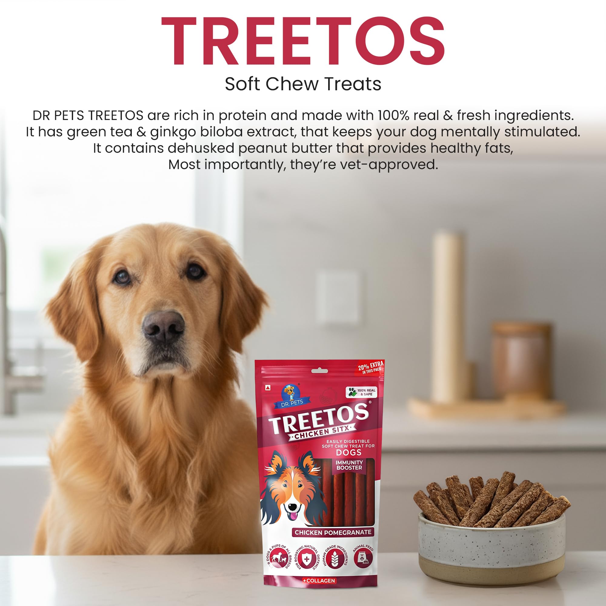 Dr. Pets Pack of 3 (85g Each) Treetos Chicken Stix Dog Treats | Chicken Pomegranate Flavour | Soft Chew Sticks for Puppies & Adult Dogs | Training Reward Snacks | Easy to Chew | Pouch Pack 2