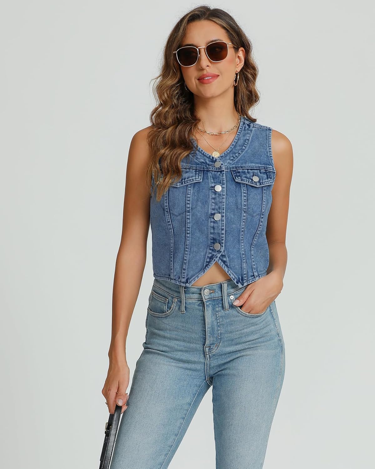 Kedera Women's V Neck Denim Vest Asymmetrical Hem Sleeveless Button Front Jean Vests Crop Tops with Pockets - Image 4