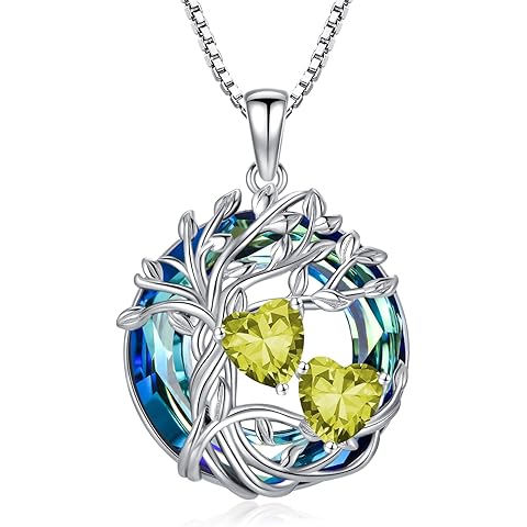 TOUPOP s925 Sterling Silver Family Celtic Tree of Life Pendant Necklaces with 2 Heart Birthstone with Blue Austrian Crystal Jewelry Birthday Anniversary Christmas Gifts for Her Wife Girlfriend Mom (18K Real White Gold Filled)