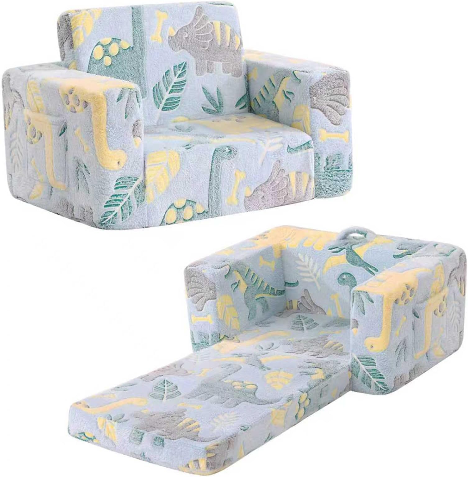 Tiita Kids 2-in-1 Convertible Couch to Lounger, Flip Out Toddler Armrest Bed, Folding Play Sofa for Girl or Boy (Grey Dinosaur)