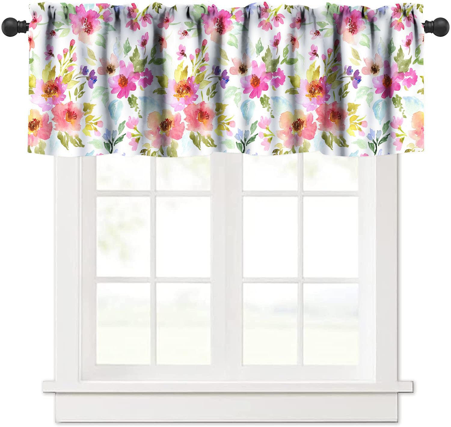 Llylumty Spring Floral Kitchen Valance, Watercolor Flowers Pink Yellow Window Treatment for Bedroom Living Room 54x18 Inch