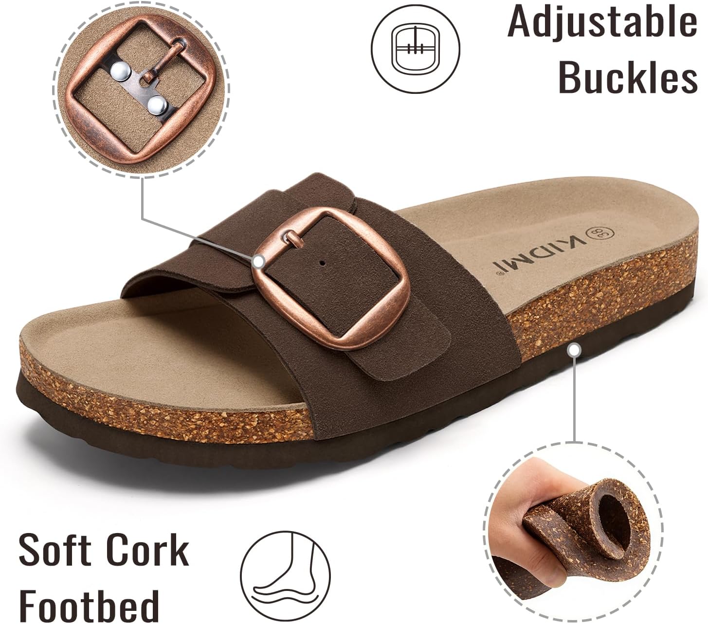 KIDMI Genuine Suede Cork Footbed Sandals for Women Comfortable Summer Slides with Buckle