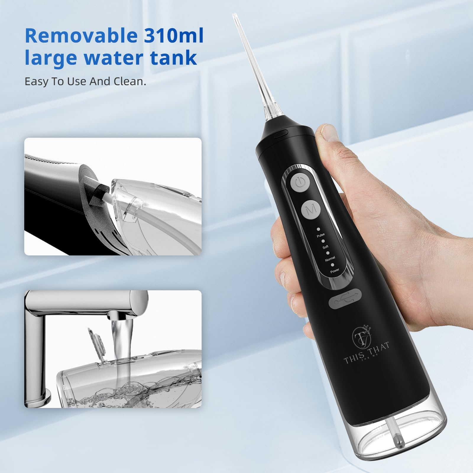 TTFM - Irrigador dental eléctrico para dientes y encías, irrigador oral portátil dental, 4 modos de presión, capacidad de tanque de 310 ml, limpiador de dientes impermeable IPX7 recargable, irrigador