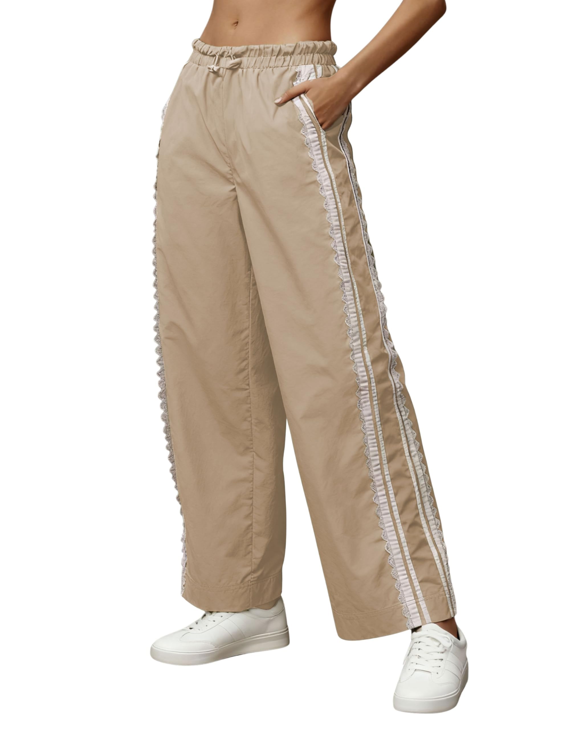 Women Baggy Track Pants Lace Side Stripe Drawstring Elastic Waist Wide Leg Parachute Pants with Pockets