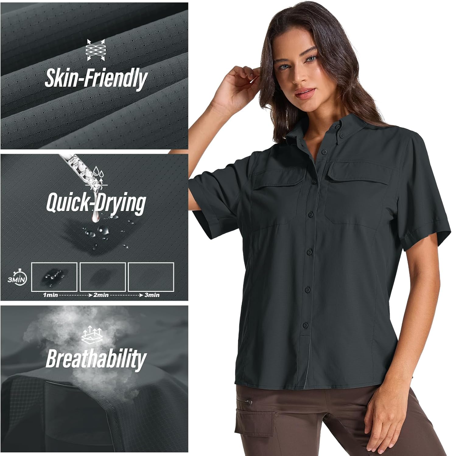 Womens Safari Hiking Sun Shirts Sun Protection Quick Dry Short Sleeve Button Shirts - Image 6