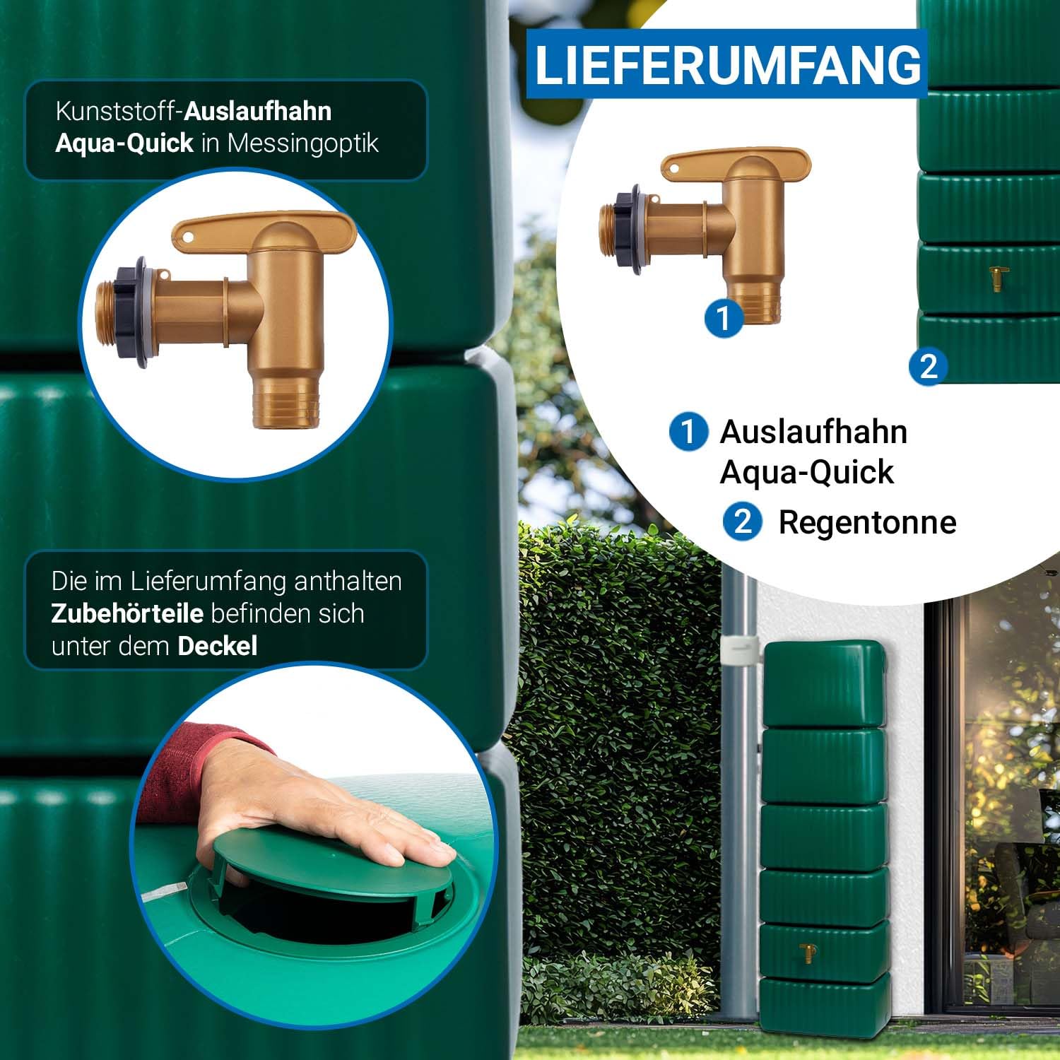 4rain Slim Regentonne Wandtank 330 Liter dunkelgrün - platzsparend für Gartenbewässerung - mit Auslaufhahn und Deckelöffnung zur Entnahme - aus Recyclingkunststoff mit starkem UV-Schutz im Freien