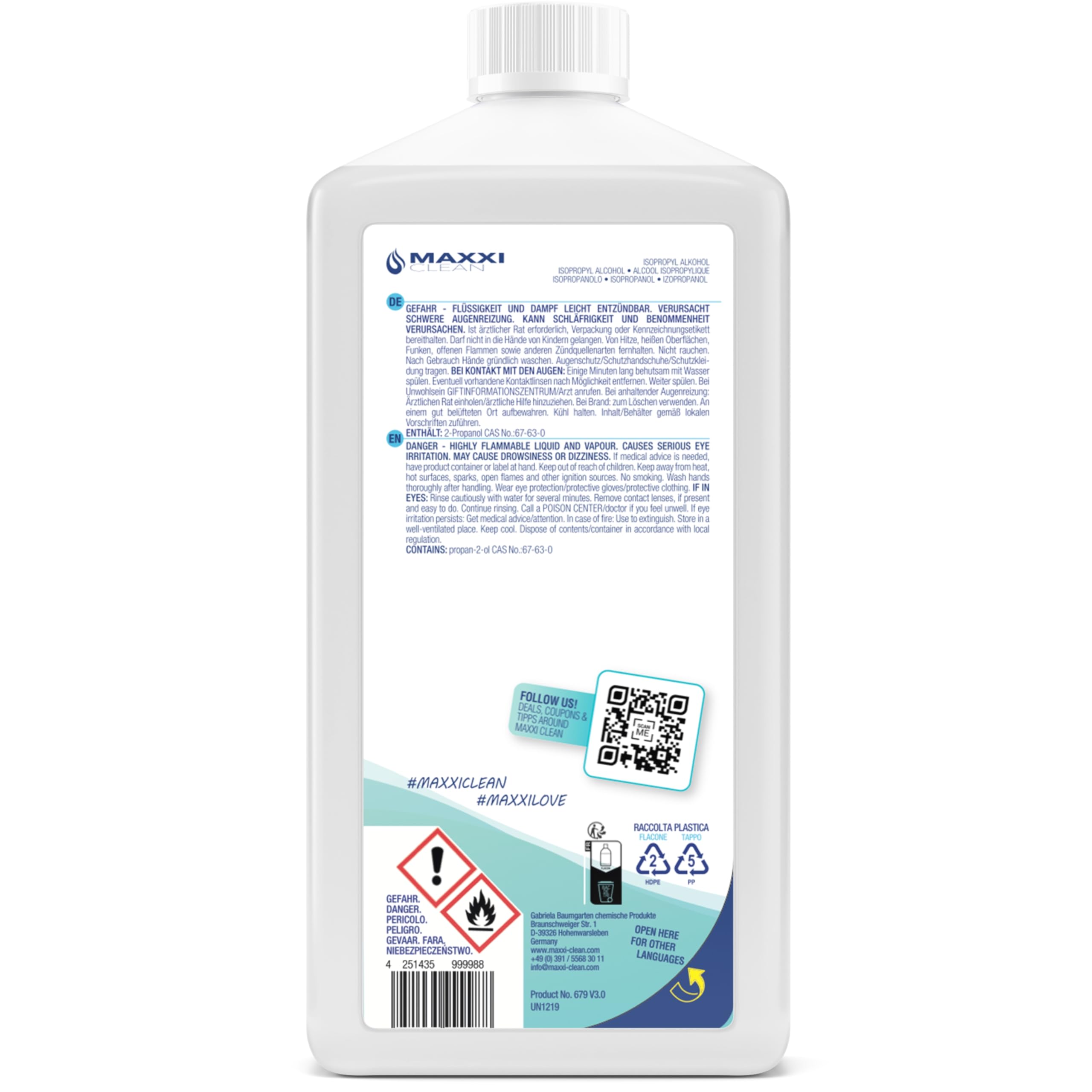 Maxxi Clean | 12x 750 ml reines Isopropanol (99,9%) Reinigungsalkohol | Fettlöser & Lösungsmittel | rückstandsfrei anwendbar zur Reinigung von elekt. Bauteilen, Schallplatten, Druckköpfen und mehr