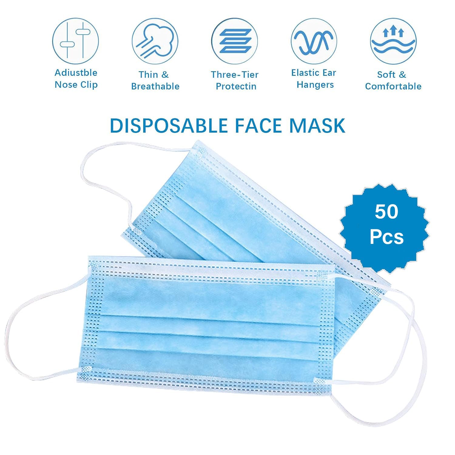 Yugan Surgical Mask for Women & Men – Soft Adjustable Disposable Mask with 3-Layer Filtration & Memory Nose Steel Bar, Secure Face Mask for Pollution Protection (50 Pieces) - Image 2 thumbnail