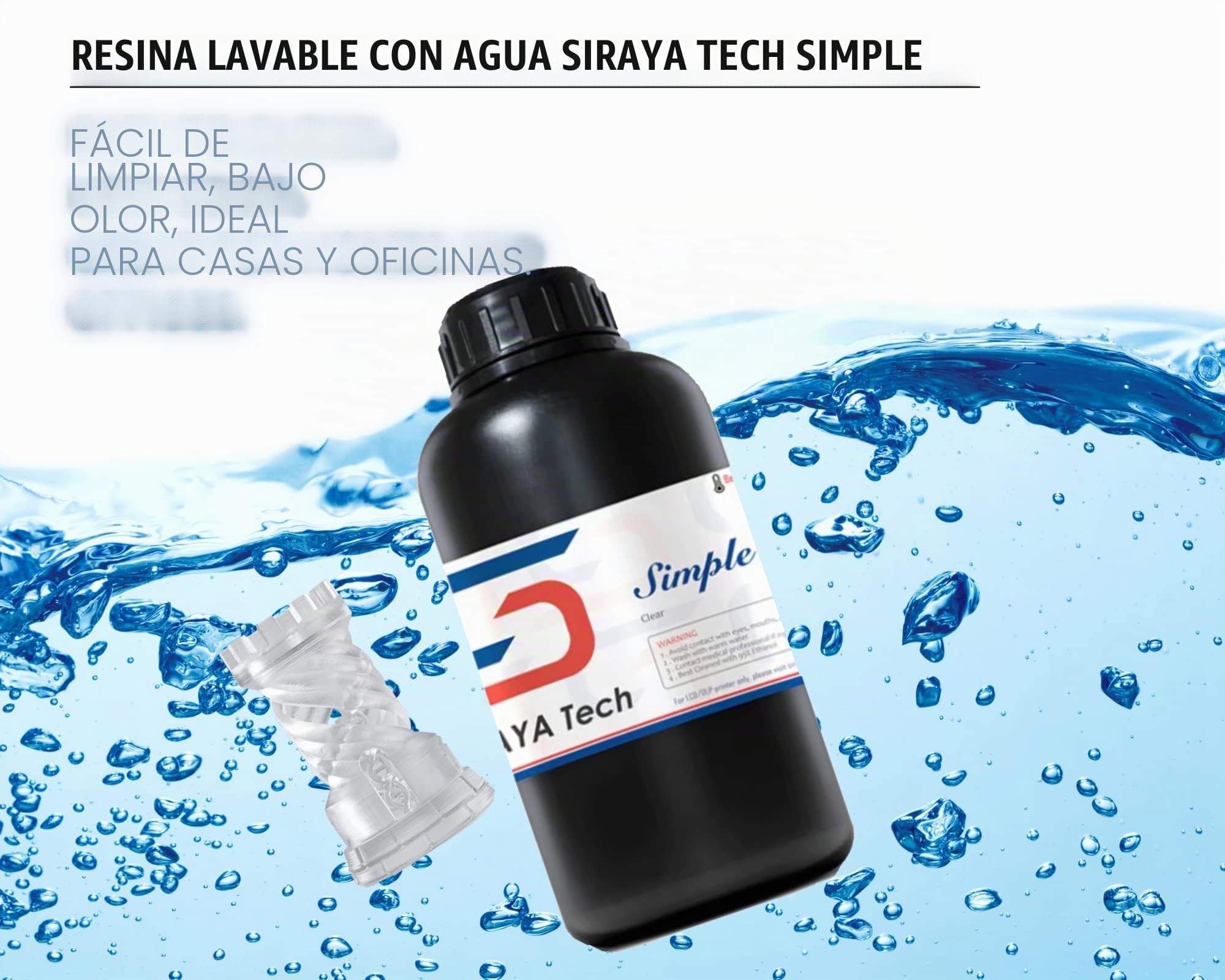 Siraya Tech Simple Lavable con Agua Resina 3D (Transparente, 1 kg) | Bajo olor, Fácil de imprimir, Alta precisión Curado UV 405 nm Aqua Resin, para LCD DLP Printers