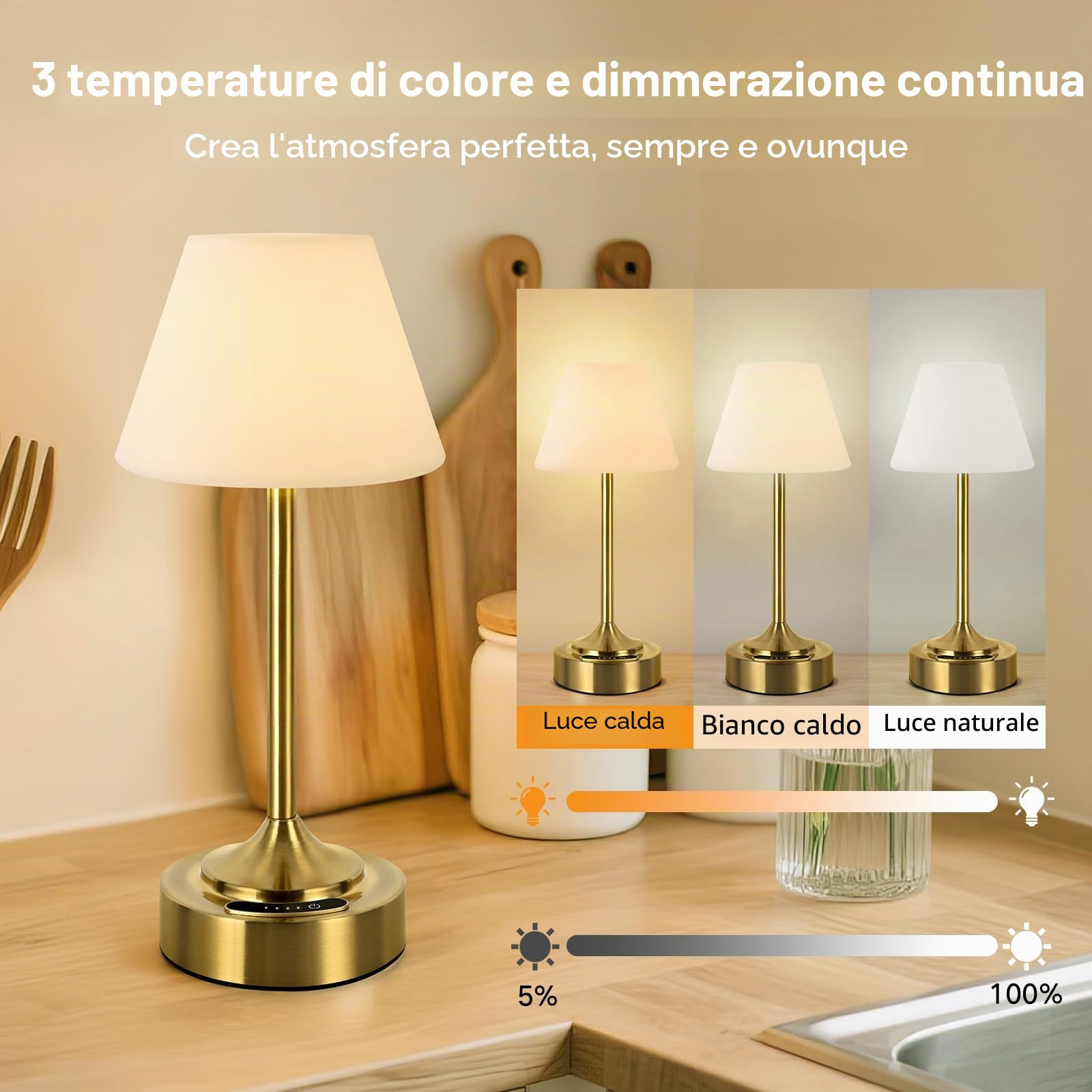 OUTON 2 Pezzi Lampada da Tavolo Ricaricabile e Senza Fili, Oro | Controllo Touch, Ricaricabili, Dimmerabili, USB-C, 3 Temperature, Impermeabile IP54, 53h Autonomia, Camera e Esterno
